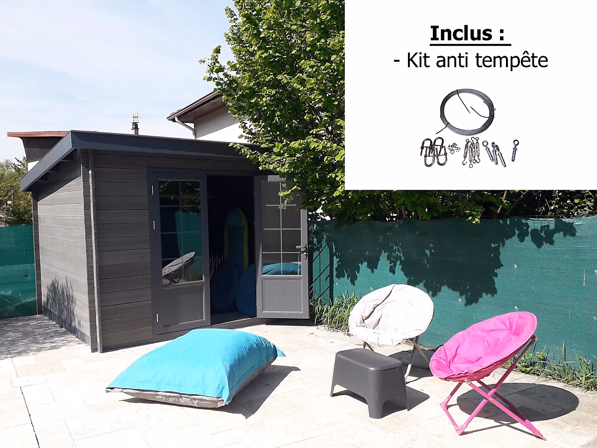 Abri de jardin Green Outside en composite gris monopente surface totale 10m² + kit anti – tempête
