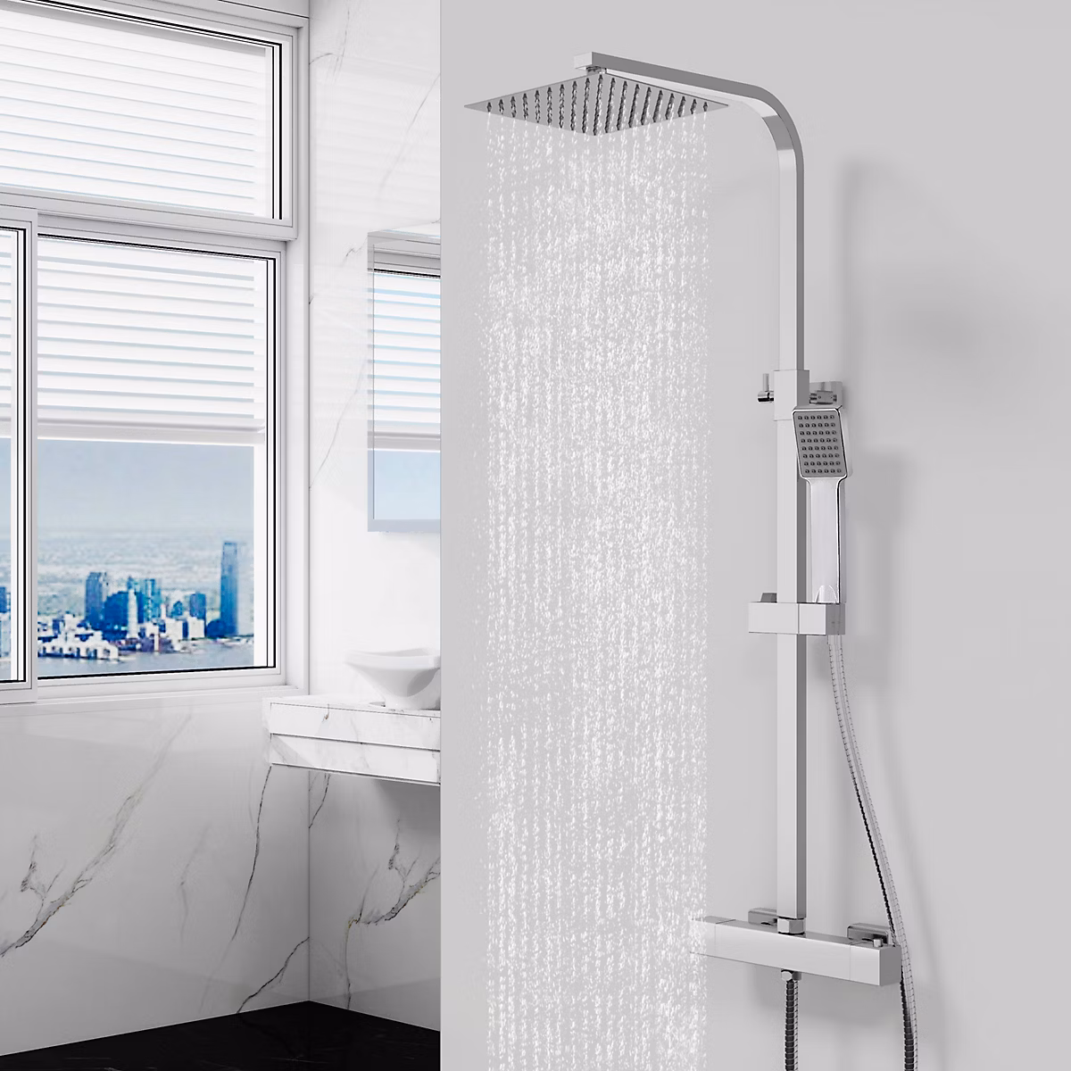 Colonne de douche thermostatique avec pomme de tête – Carré | effet chromé | AICA
