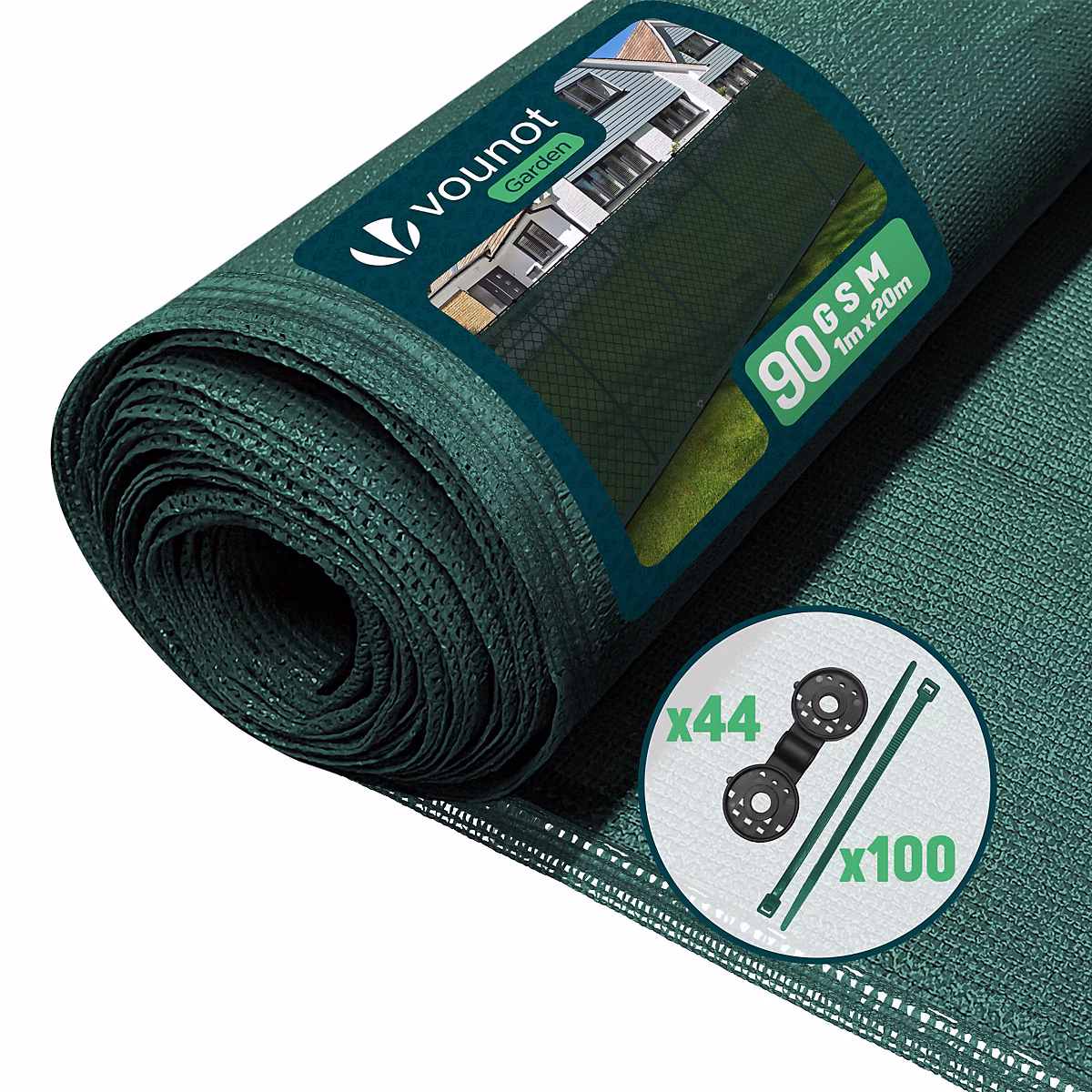 Brise vue occultant en HDPE 90g/m² 1 × 20m avec attaches de fixation vert VOUNOT
