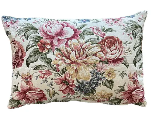 Coussin en coton fond blanc décor fleurs roses Alais - 35 x 50 cm