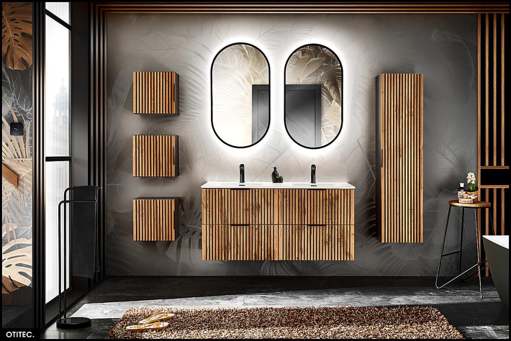 Ensemble de meubles sous vasque – 120 cm | avec Vasque | Cube et Colonnes | Miroirs LED | WOTANIA