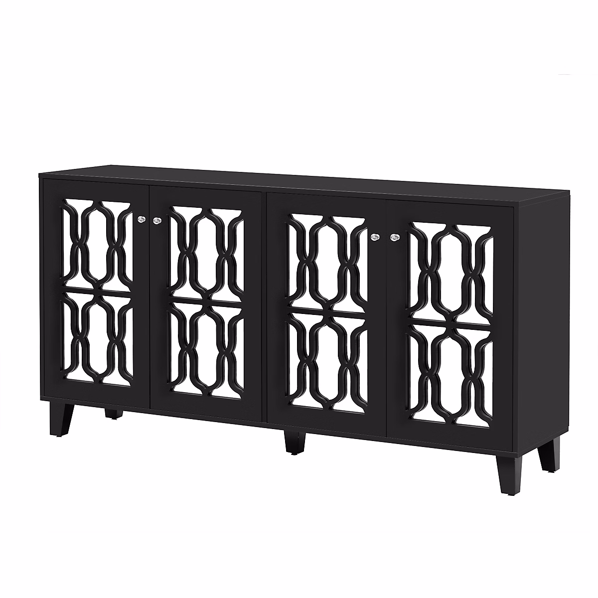 Meuble – Buffet noir design 4 portes miroir motif géométrique