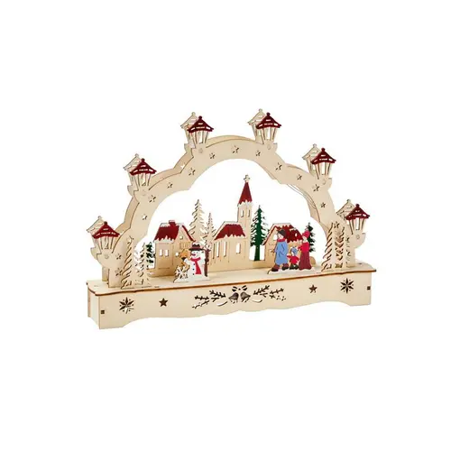 Village festif en bois naturel et rouge à 8 LED sur piles - 28 x 5 x 19 cm