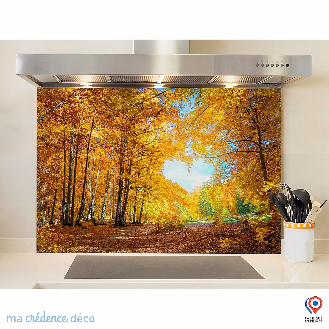 Crédence cuisine fond de hotte forêt et cœur – Verre trempé, L 60 cm x H 45 cm, MaCrédenceDéco