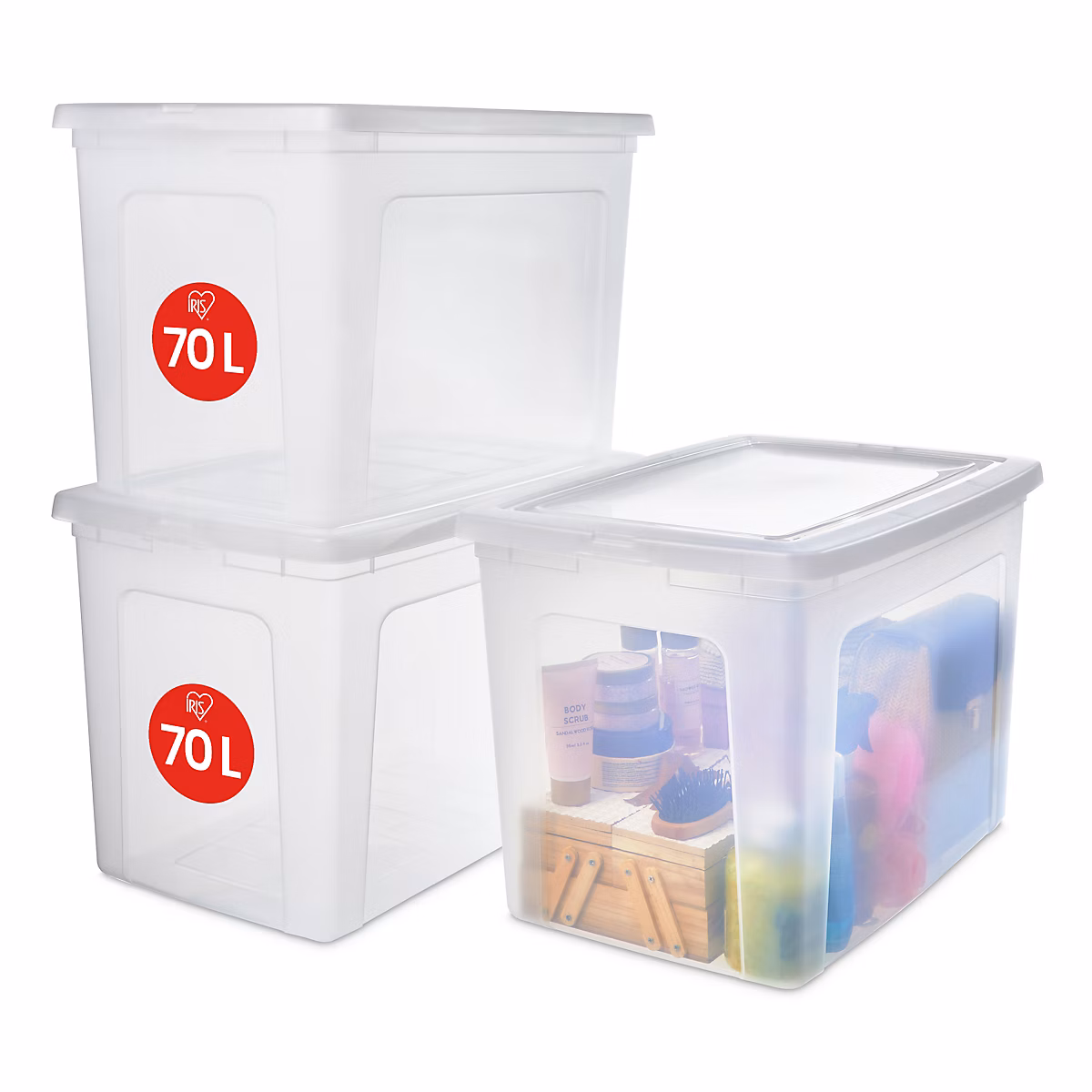 Boite de Rangement Multi – Usages, 70L, Lot de 3, Transparent, MCB, 70, Iris Ohyama
