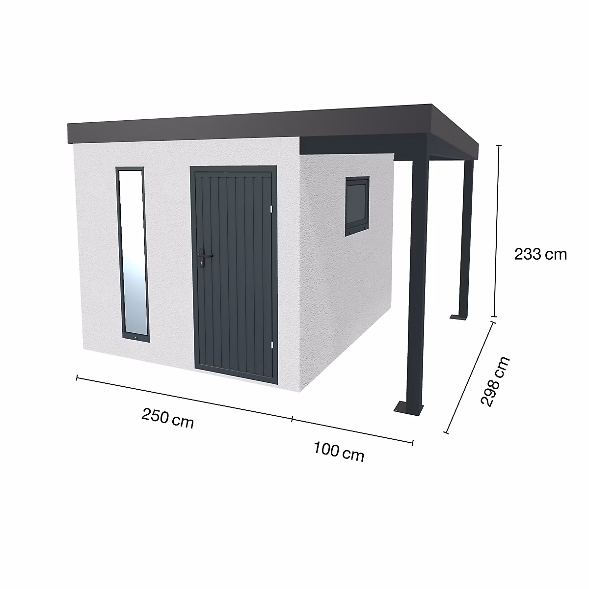 Abri de jardin en métal finition crépi 2500 × 2980 mm blanc avec auvent à droite 1000 × 2980 mm anthracite
