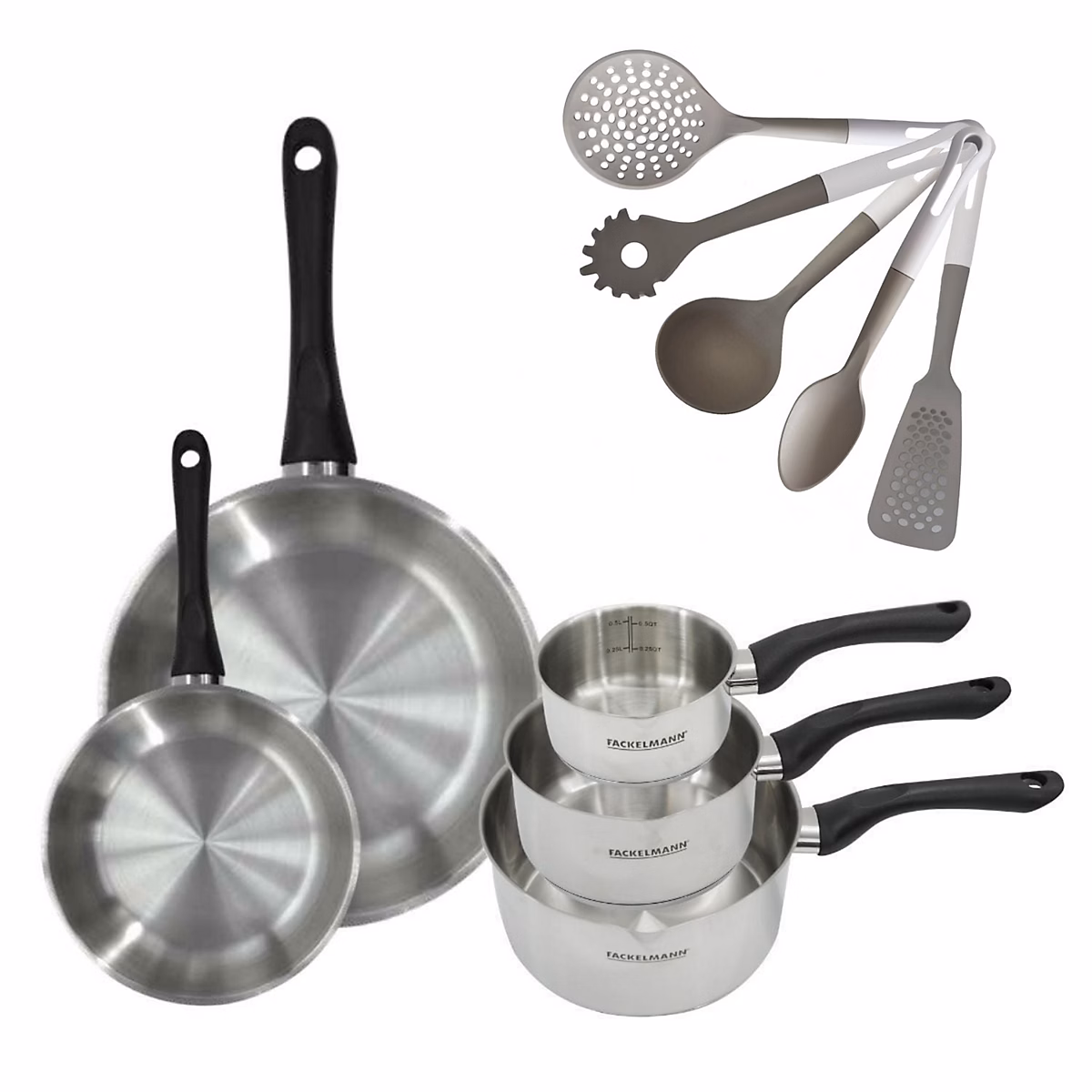 Matériel de cuisson – Batterie de cuisine avec 3 casseroles 12/16/20 cm et 2 poêles 20/28 cm et 5 ustensiles de cuisine Fackelmann Généva Vario