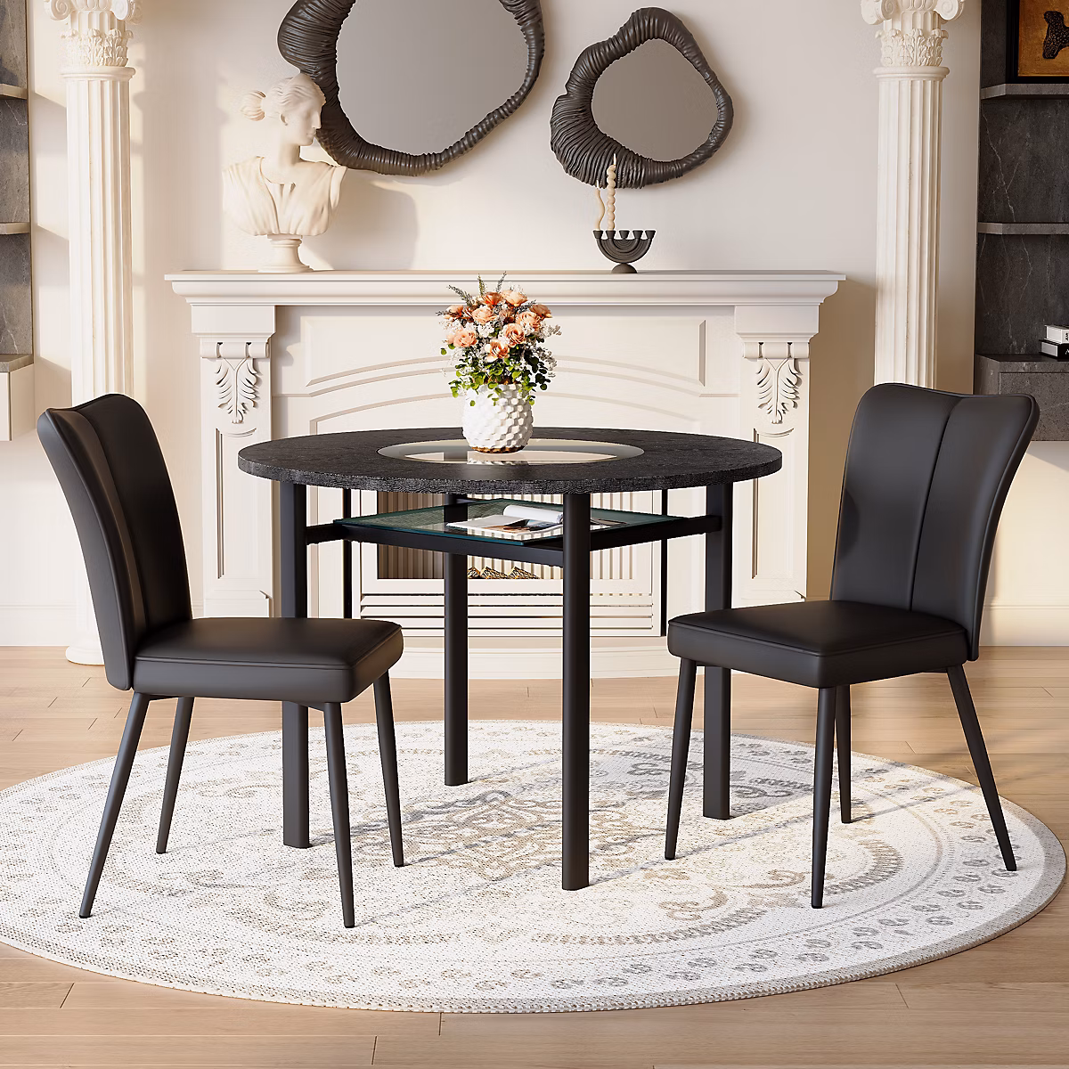 Ensemble table et chaise – Ensemble table ronde 100 cm noire avec 2 chaises en PU et pieds métal
