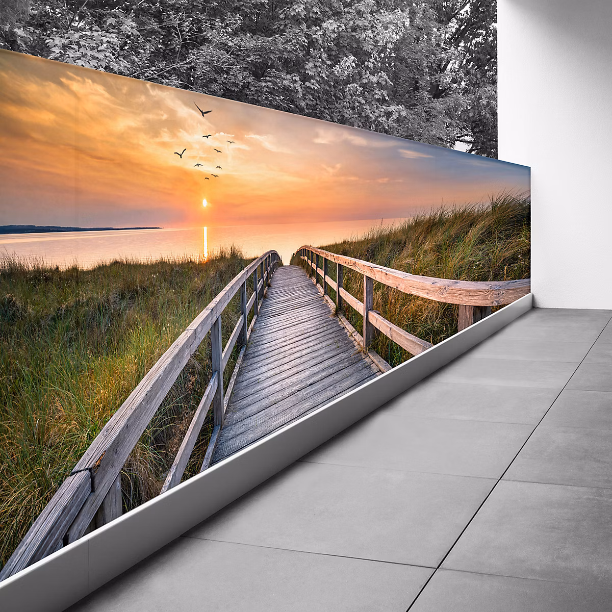 Brise vue Trompe l'oeil – 130 × 358 cm, Ponton couché de soleil 3617689692999