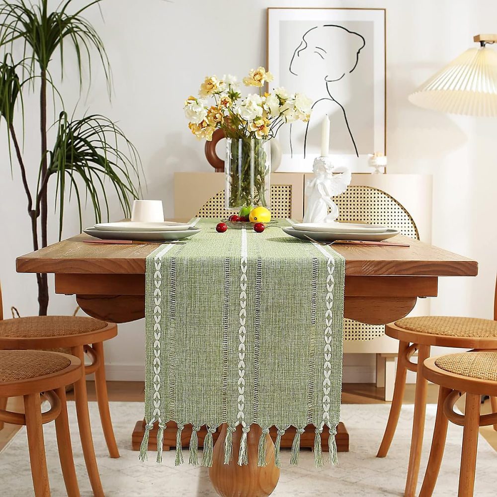 Chemin de Table Bohème Coton et Lin 33 × 275 cm Vert