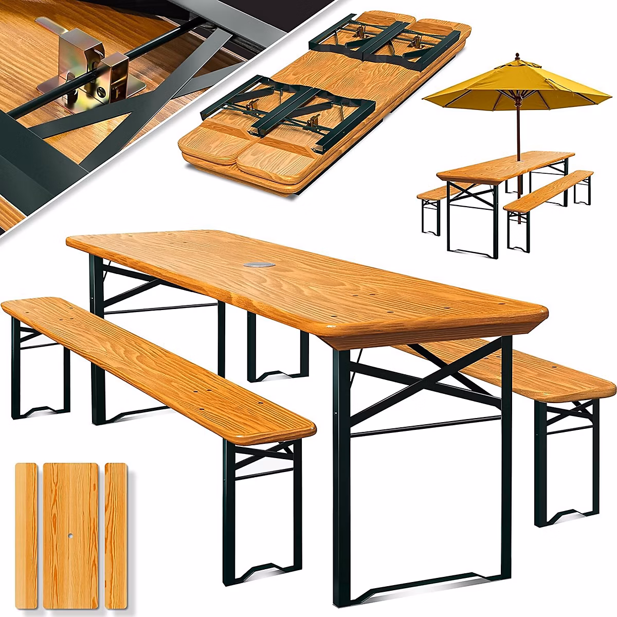 Salon et mobilier de jardin – Ensemble Table et 2 Bancs de Jardin en Bois et Metal Pliable 170 cm