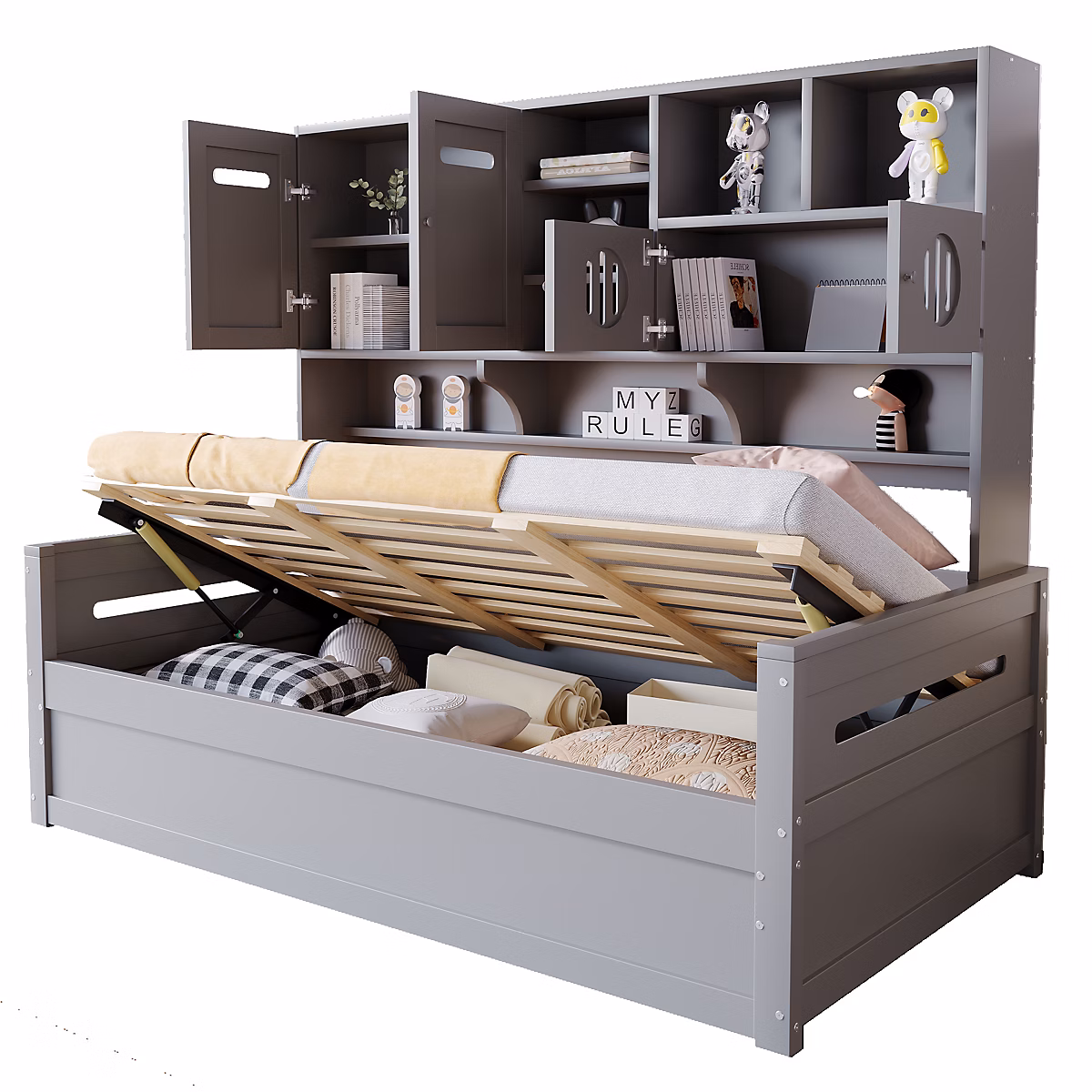Canape lit bois 90 × 200cm lit simple multifonction rangement hydraulique cadre de lit moderne pour chambre gris sans matelas