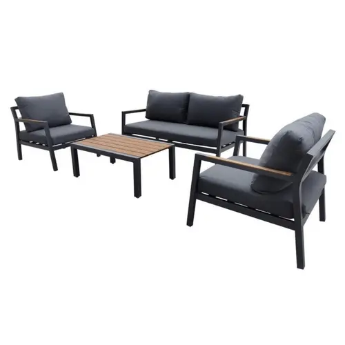 Salon de jardin en aluminium coloris anthracite Games - 4 éléments (canapé, table basse et deux fauteuils)