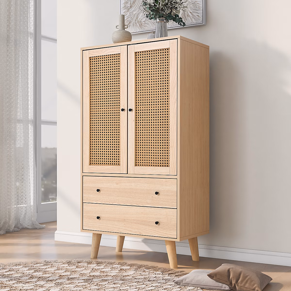 Buffet Haut avec 2 Portes en Rotin et 2 Tiroirs | 4 Compartiments Fixes – MDF – 60 × 40 × 120 cm – Naturel
