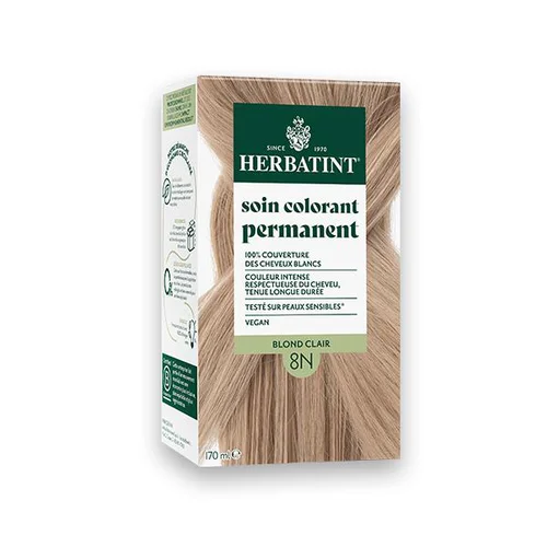 Coloration permanente pour cheveux blond clair 8N aux extraits végétaux biologiques vegan Herbatint - 170 ml