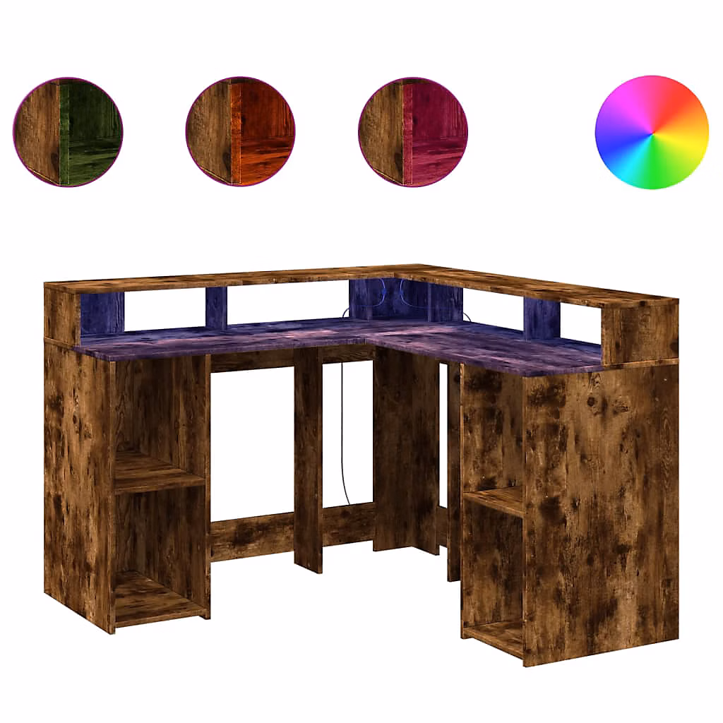 Bureau et lumières LED chêne fumé 130 × 130 × 91cm bois ingénierie vidaXL