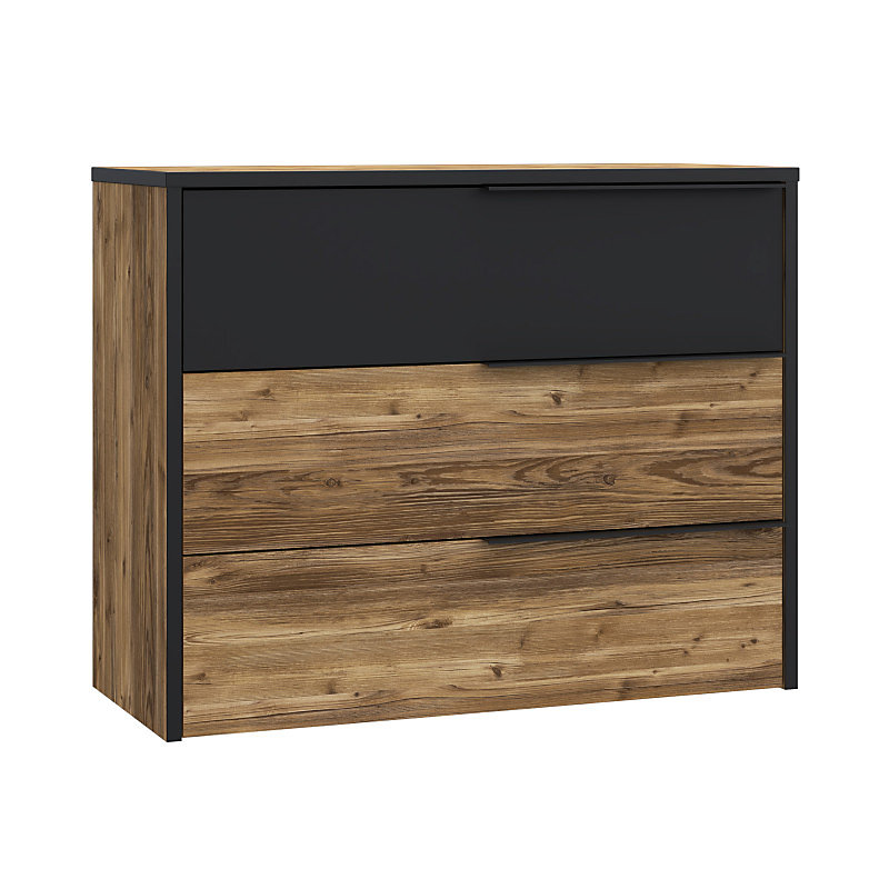 Commode 3 tiroirs H. 80 cm décor bois d'épicéa et noir mat – CELIA