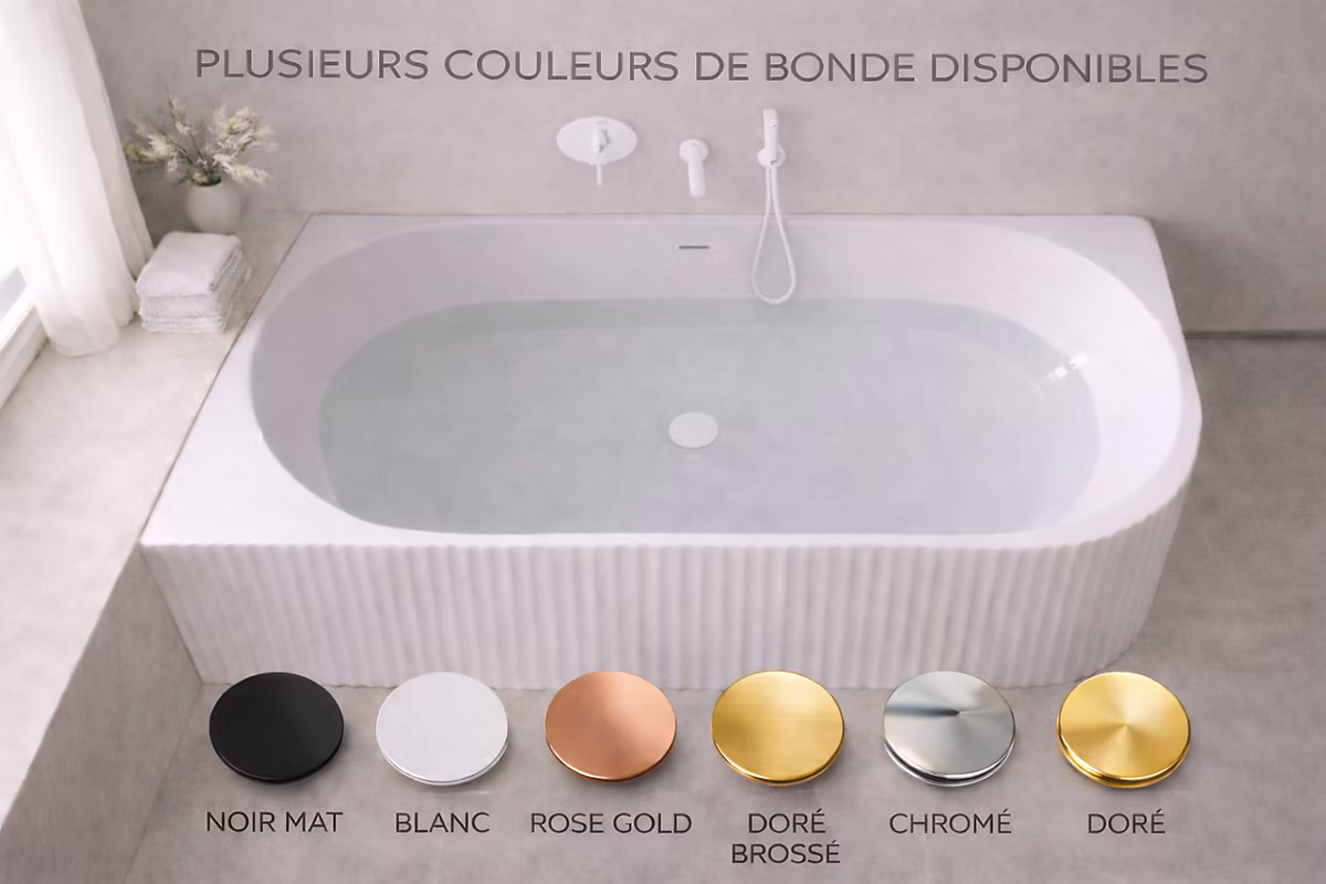 Baignoire d'angle gauche – 160 × 75 cm, Blanc brillant rainure avec bonde doré, PERLE