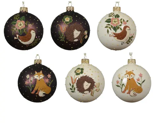 Boule en verre émaillée mate avec animaux de la forêt - Ø 8 cm