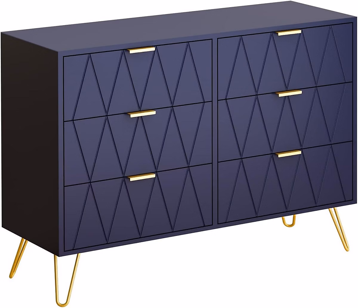 Commode Scandinave Elégant 6 Tiroirs – Meuble de Rangement, 100 × 34 × 73cm, Bleu Marine