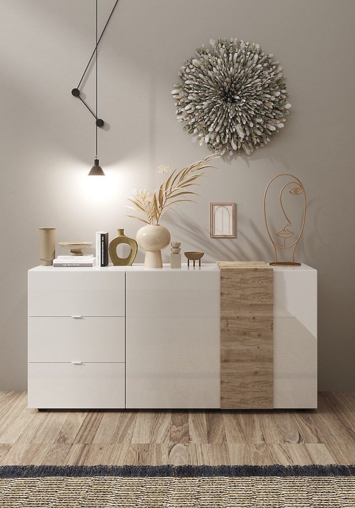 Meuble – Buffet 2 portes et 3 tiroirs VENUS blanc laqué brillant/Kadiz 181 cm
