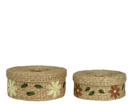 Boîte tressée en algue avec fleurs brodées jaunes grand modèle - Ø 27 x H 11 cm