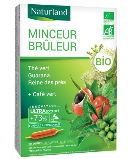 Naturland - Extrait Fluide Bio - Thé Vert, Café Vert, Guarana, Reine des Prés 20 ampoules